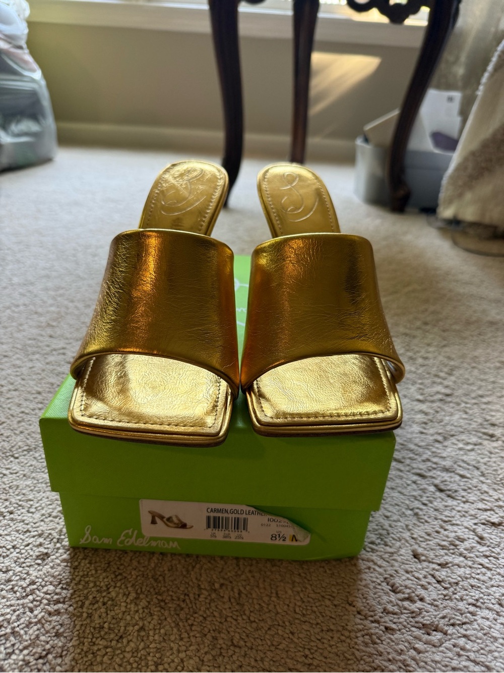 Sam Edelman ‘Carmen’ Metallic Gold Leslather Square-Toe Slide Mules -Size 9